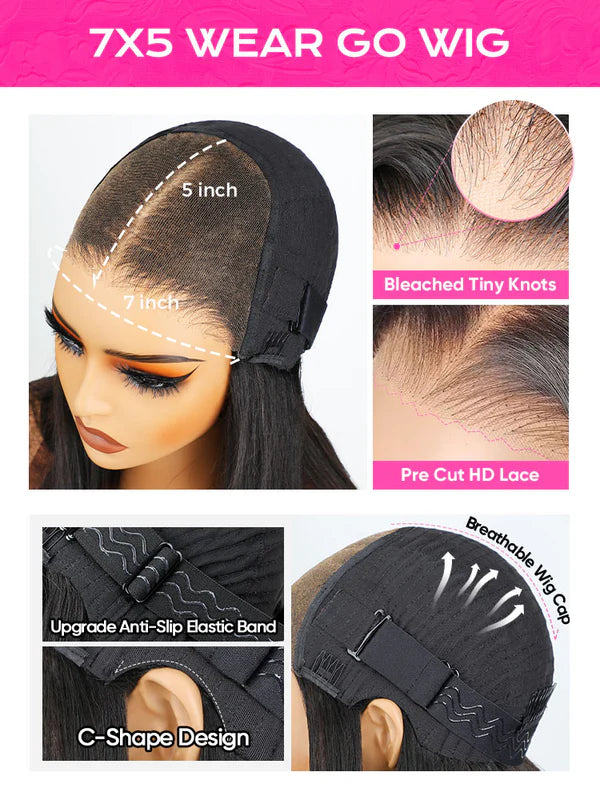 Pre-bleached Kinky Straight Hair Wear Go Glueless Wig 7x5 Pre-cut HD Lace Pre-plucked