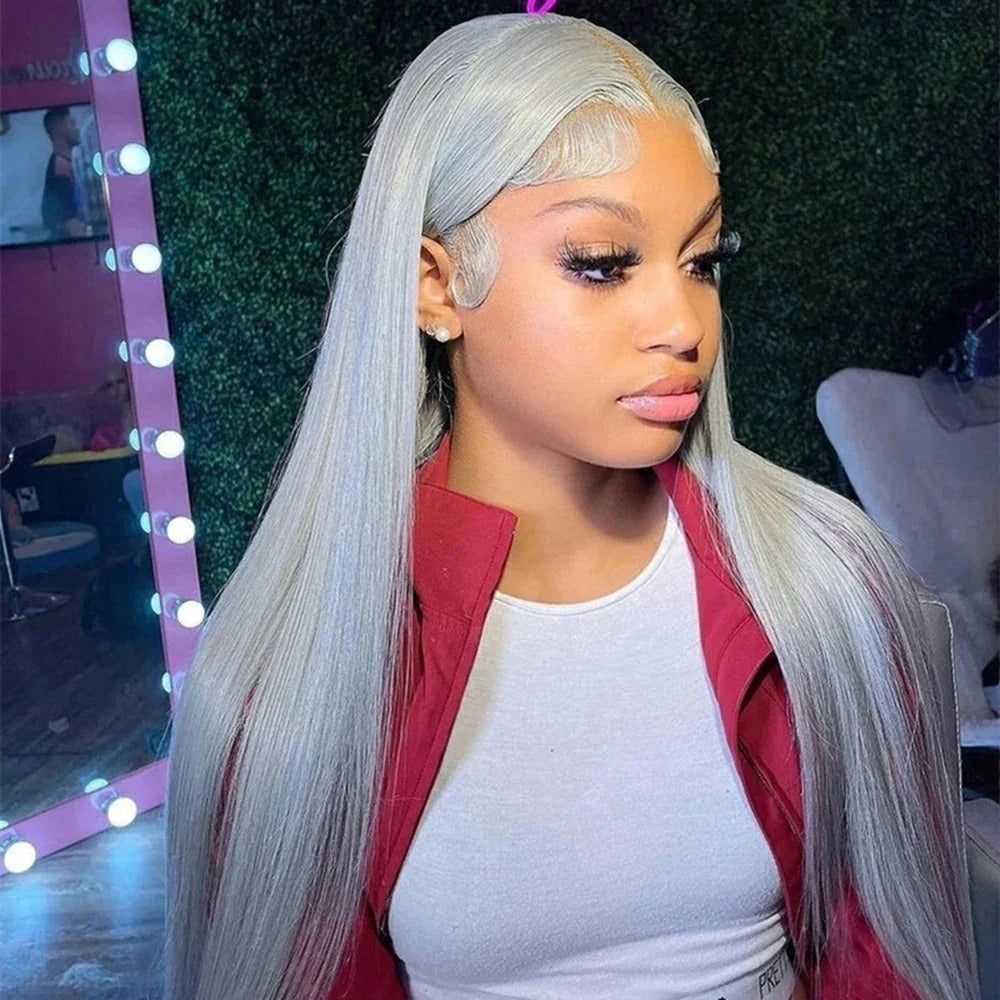 Brazilian Straight Silver Grey Lace Front Human Hair Wigs 180% Density