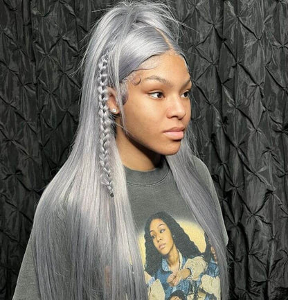 Brazilian Straight Silver Grey Lace Front Human Hair Wigs 180% Density