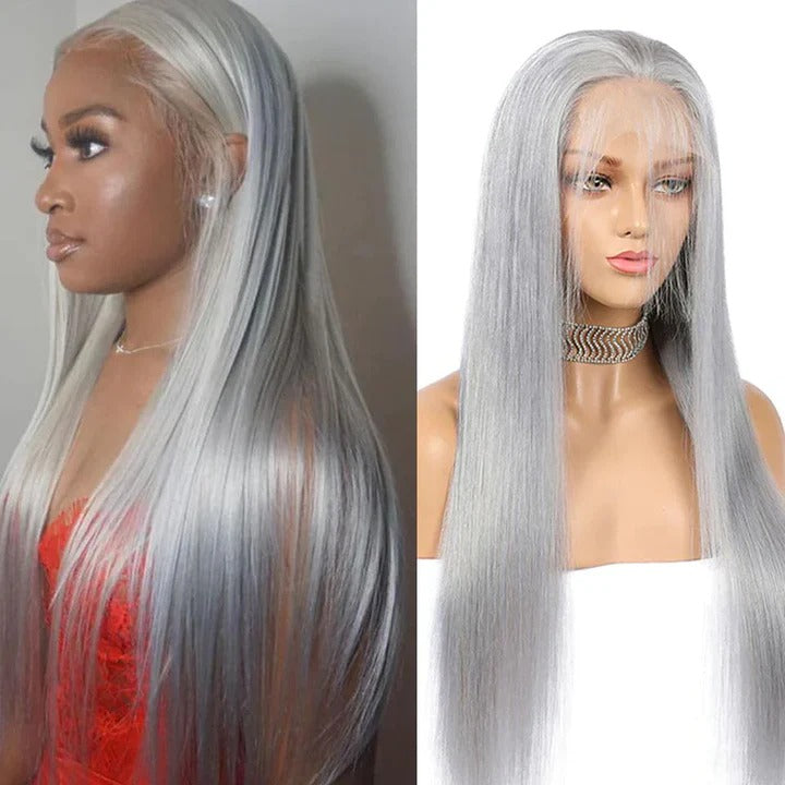 Brazilian Straight Silver Grey Lace Front Human Hair Wigs 180% Density