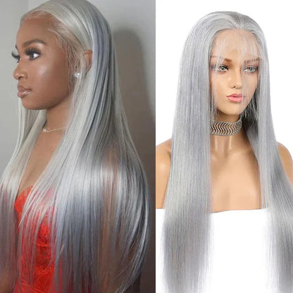 Brazilian Straight Silver Grey Lace Front Human Hair Wigs 180% Density