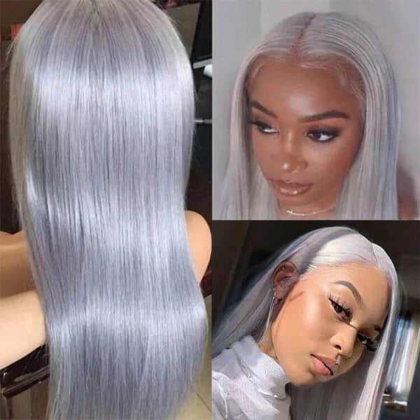 Brazilian Straight Silver Grey Lace Front Human Hair Wigs 180% Density